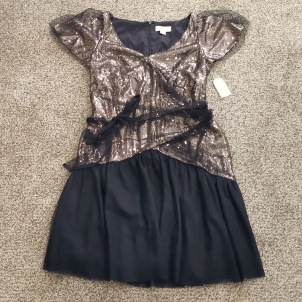 New Jessica Simpson rose gold sequin and black taffeta party dress 12w